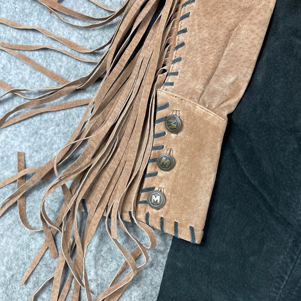 VTG Bob Mackie Wearable Art Suede Leather Jacket Black Tan Fringe Whipstitch Med - Picture 6 of 9